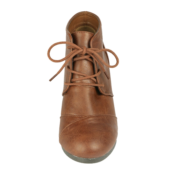 Lace Up Low Wedge Booties - TAN PU - 4